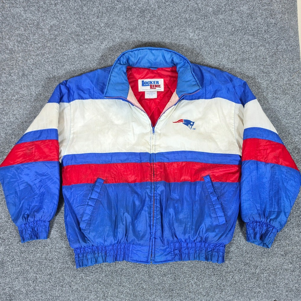 Vintage 80s Locker Line New England Patriots NFL Bomber Jacket Blue Red Mens L